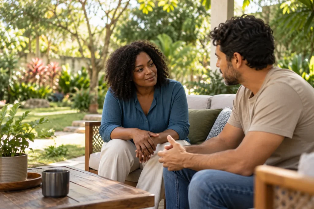 Imagem ilustrativa gerada por IA: duas pessoas conversando em um jardim